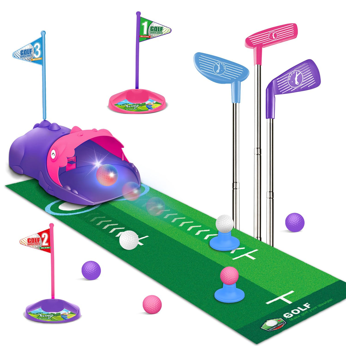 Terramus kids golf set featuring the dinosaur returner for interactive practice.