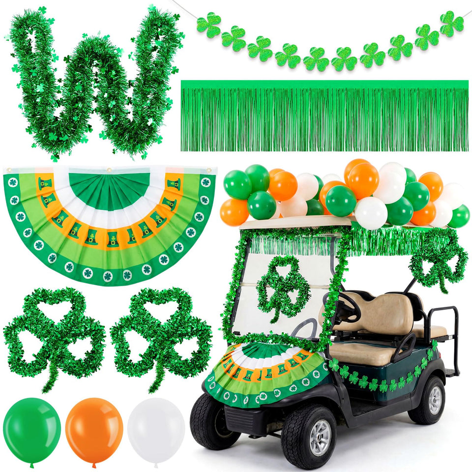 Teyva Daily glitter shamrock wreath adds festive sparkle to golf cart décor for parades