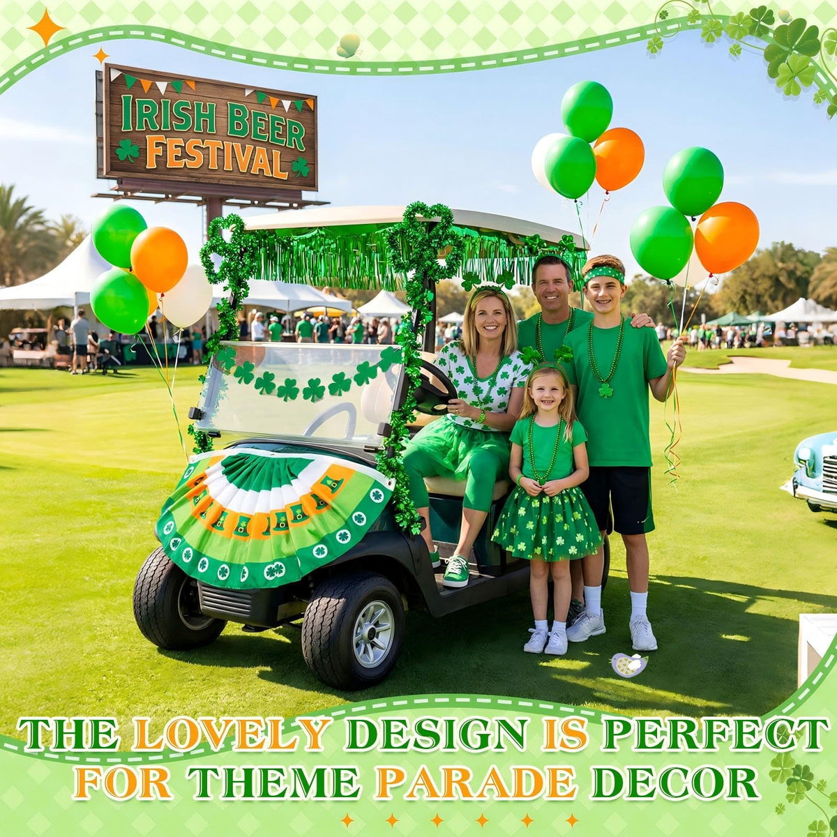 Teyva Daily green tinsel garland provides festive shimmer for parade styling