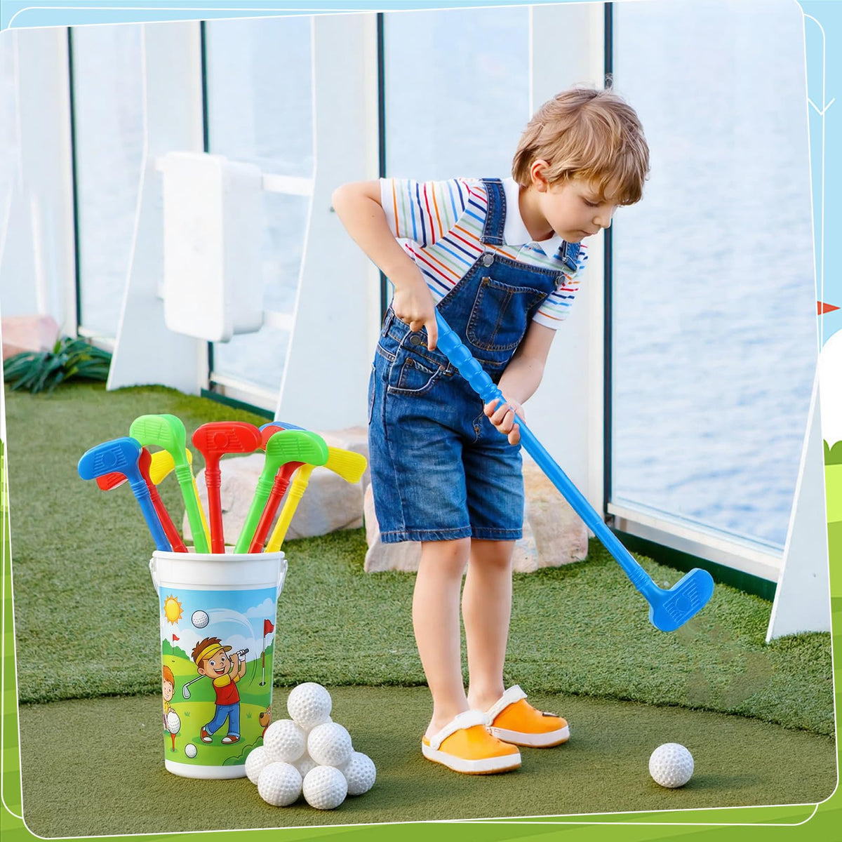 Teyva Daily kids playing golf in backyard with family