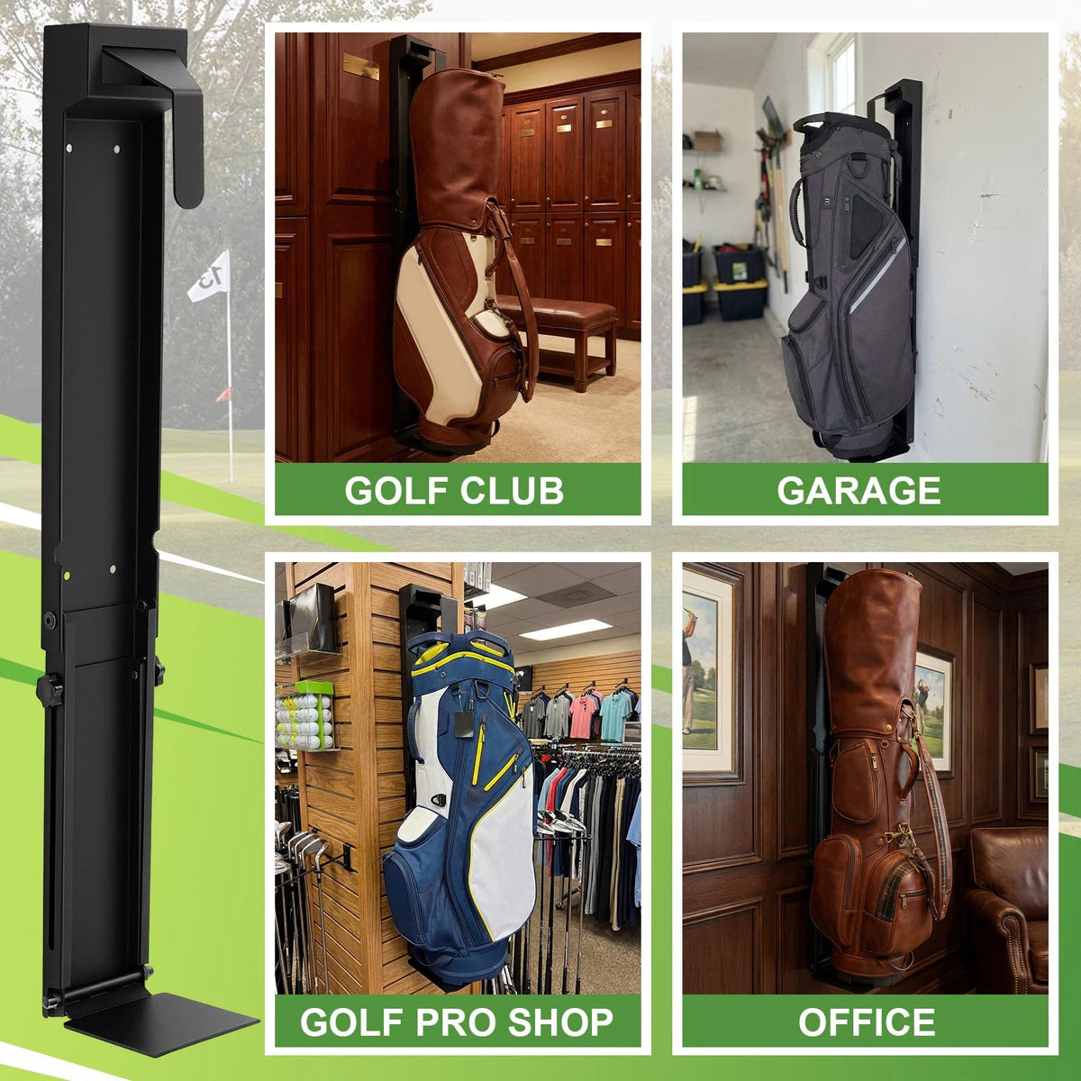 Golf bag on the stand keeps clubs neatly organized off the floor