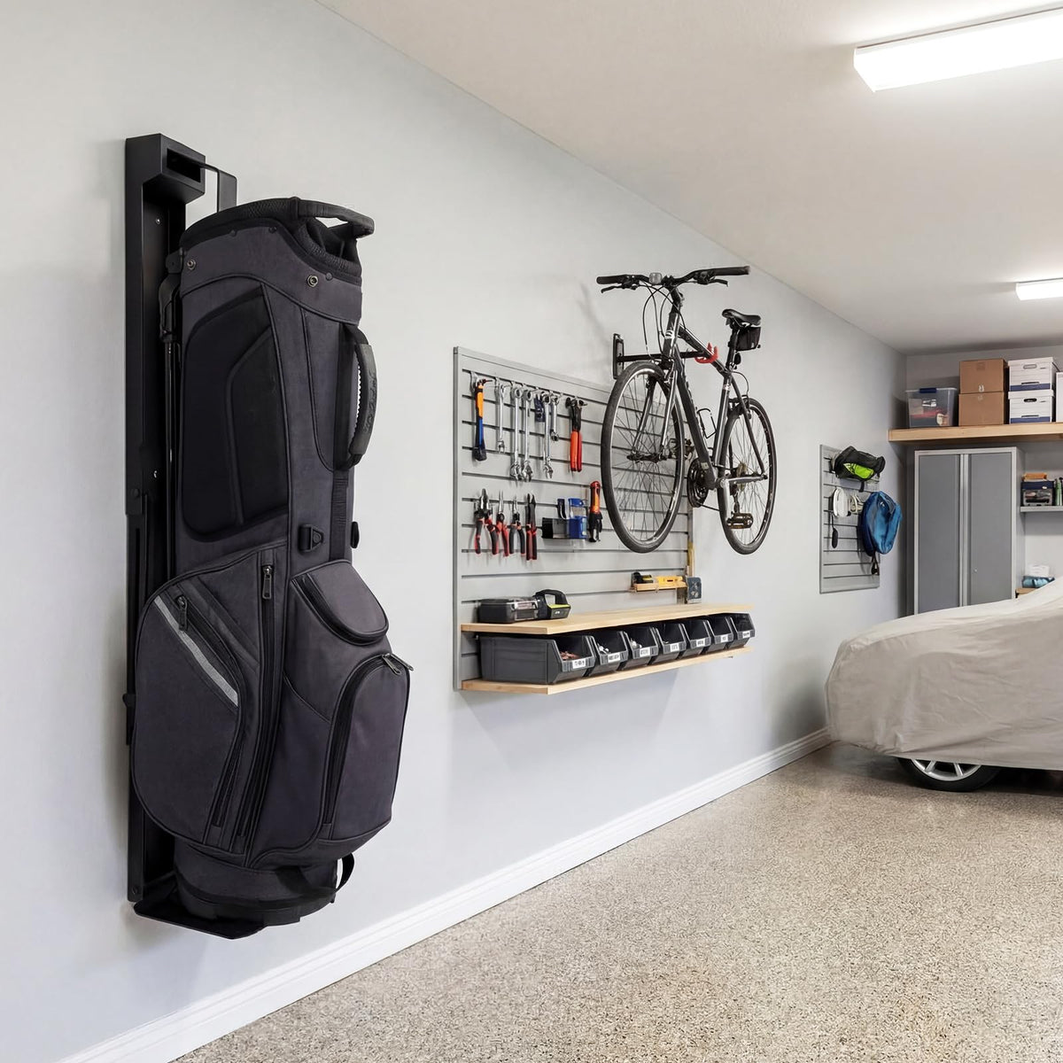 Garage setup showing tidy vertical storage with the Teyva Daily stand