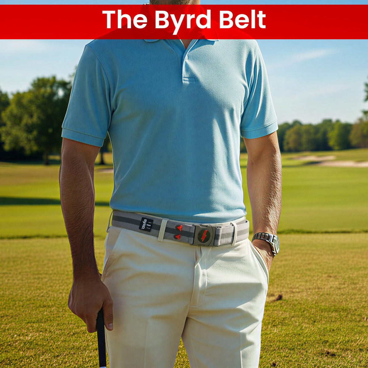 The Byrd Belt divot-tool-holder at the belt enables quick on-course repairs.