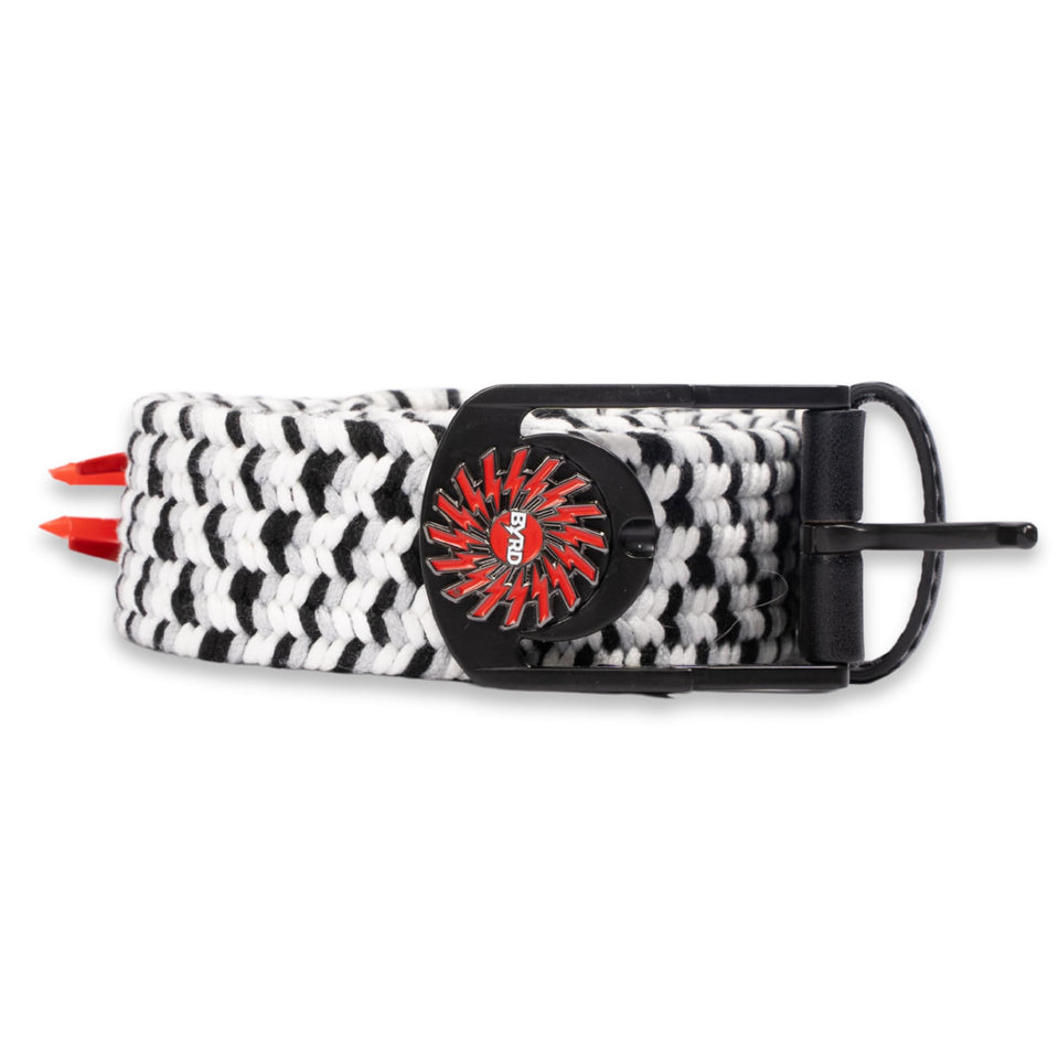 The Byrd Braided Golf Belt full view showing integrated tee slots for quick access