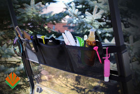 The Cart Valet Golf Cart Organizer attaches to the front with secure pockets for essentials.