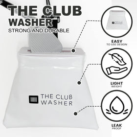 The Club Washer White Edition stored in a golf bag for easy access