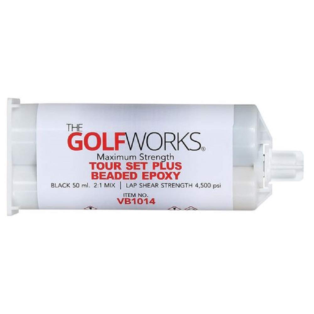 The GolfWorks Max Strength Tour Set Plus epoxy bottle for strong, quick-curing club head adhesion.