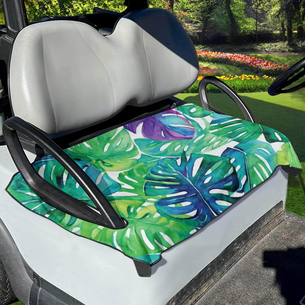 The Spoiled Office Island Breeze golf cart seat cover protects seats from heat and moisture