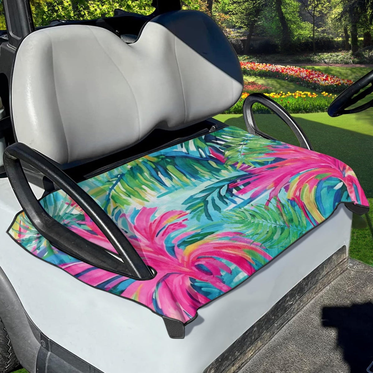 The Spoiled Office Palm Paradise golf cart seat cover protects front seats with tropical style.
