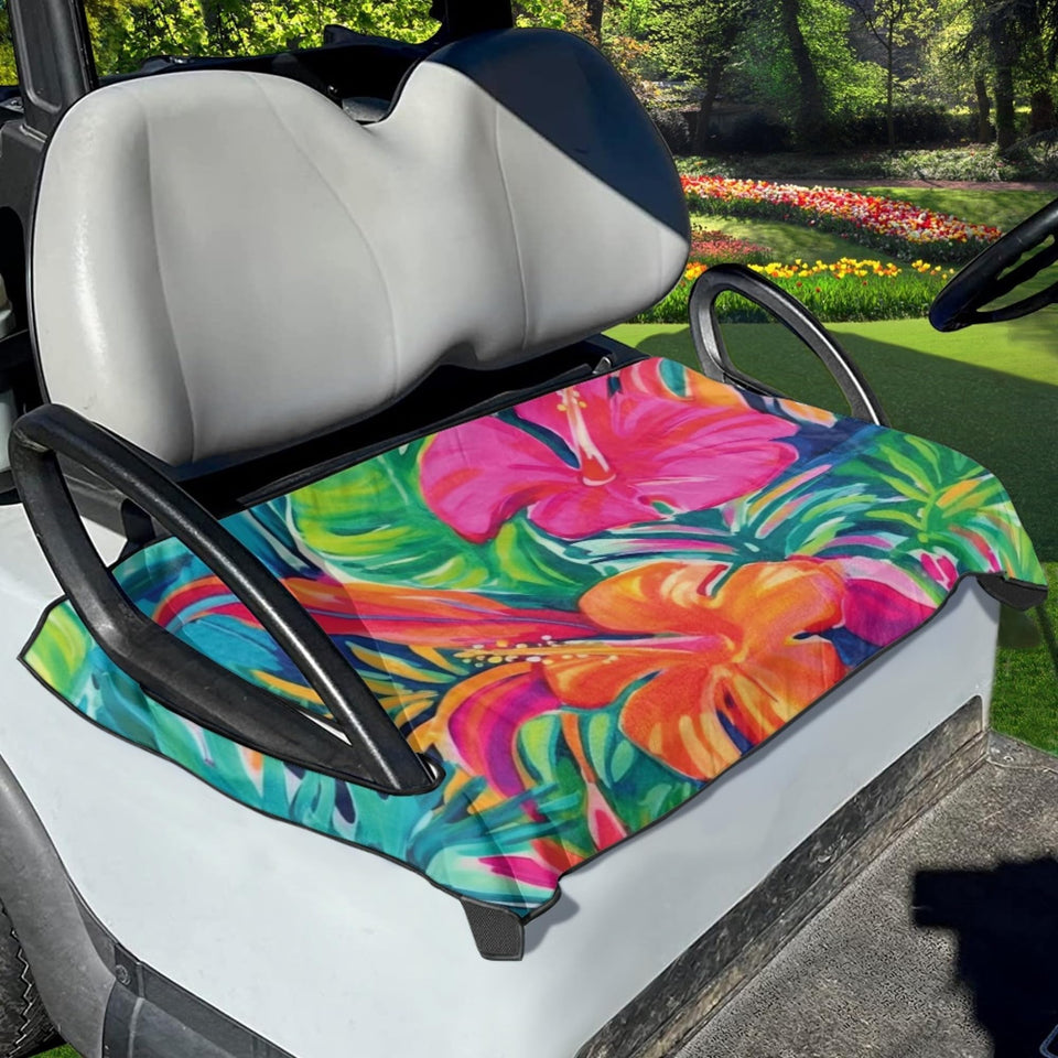 The Spoiled Office Tropic Drive seat cover front view protects golf cart seats from heat and moisture.