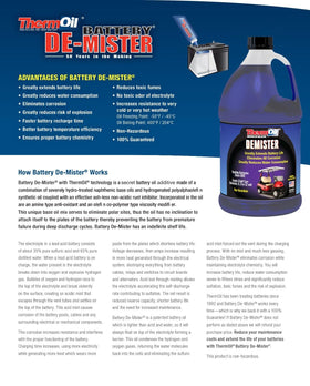 Thermoil De-Mister coats battery posts to prevent corrosion during charging.