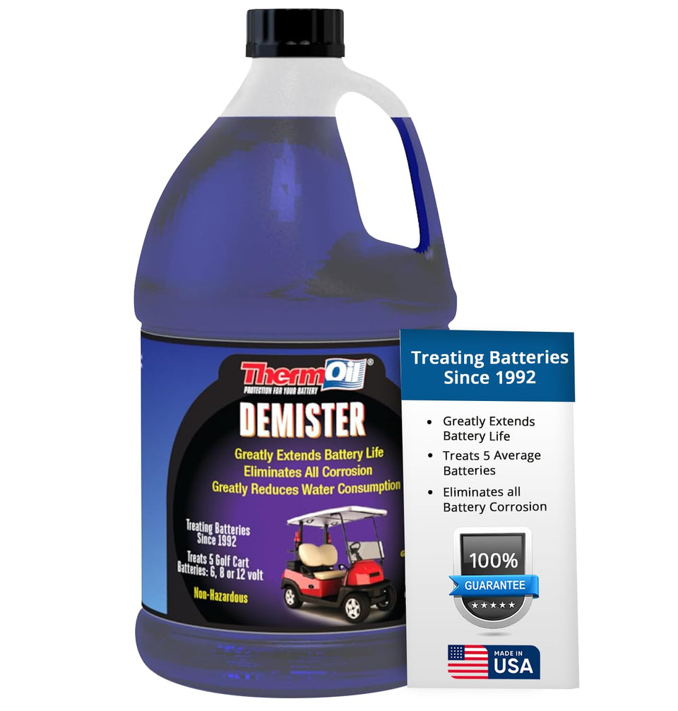Thermoil De-Mister bottle pouring to protect golf cart batt posts and reduce corrosion.