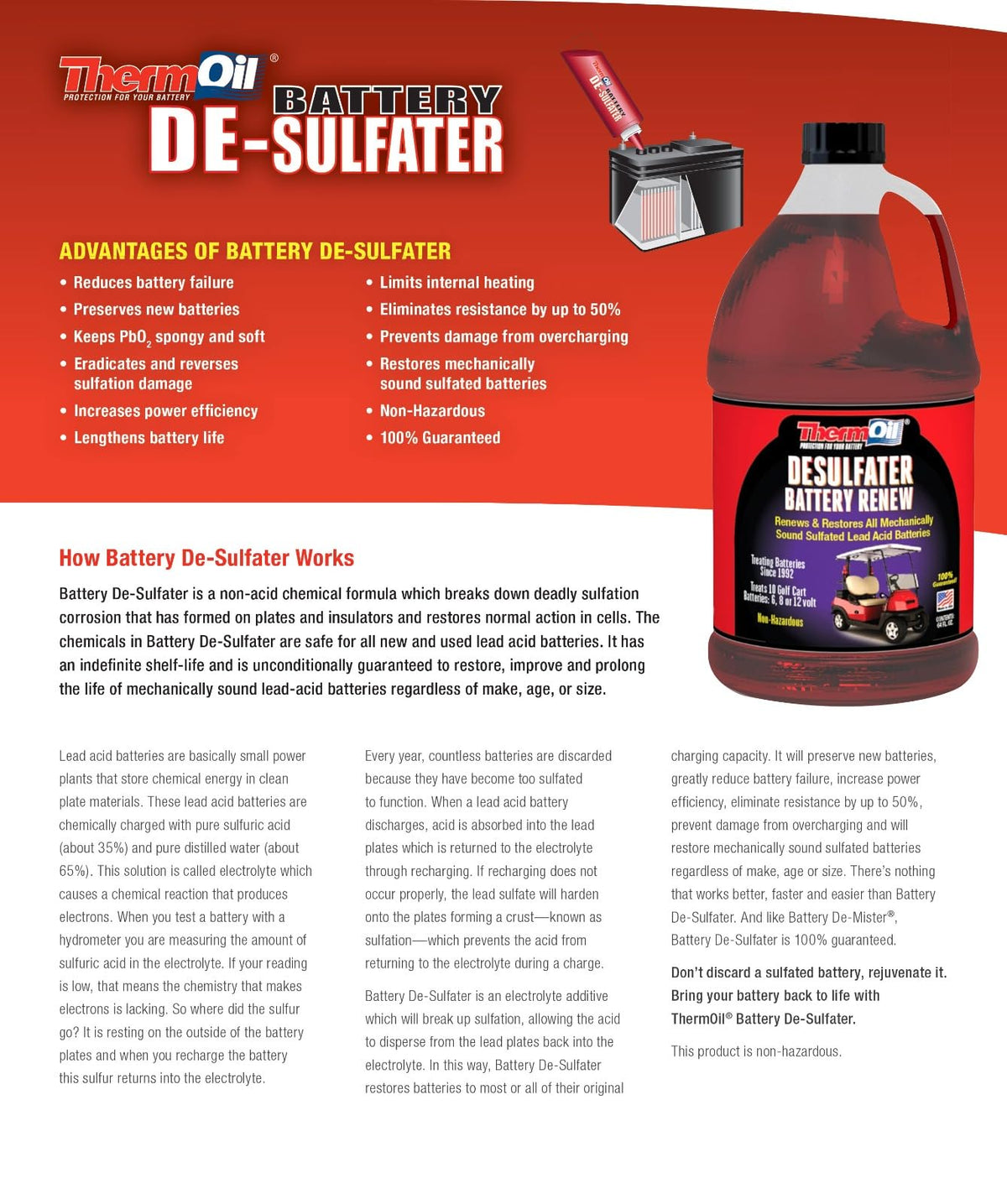 Thermoil De-Sulfater add-liquid-to-battery image highlights straightforward use for maintenance.