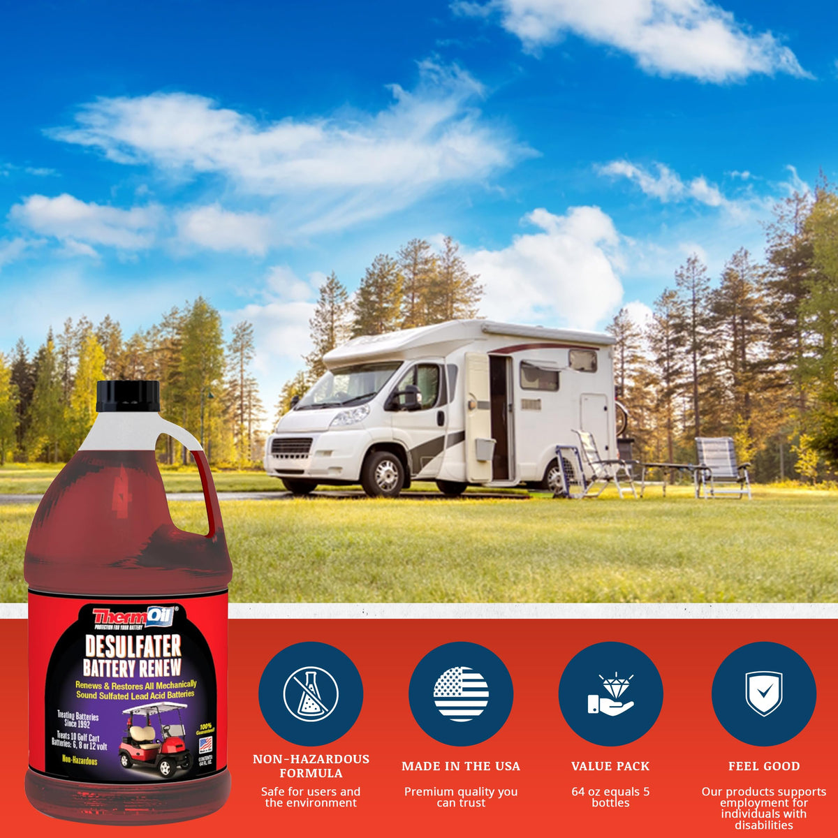 Thermoil De-Sulfater safe-nonhazardous-formula-view emphasizes safe everyday battery care.