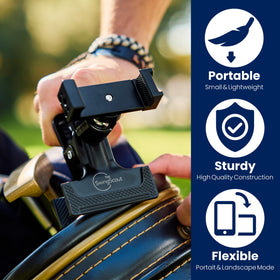 The SwingScout 360-degree mount adjusts angle for portrait or landscape swing videos.