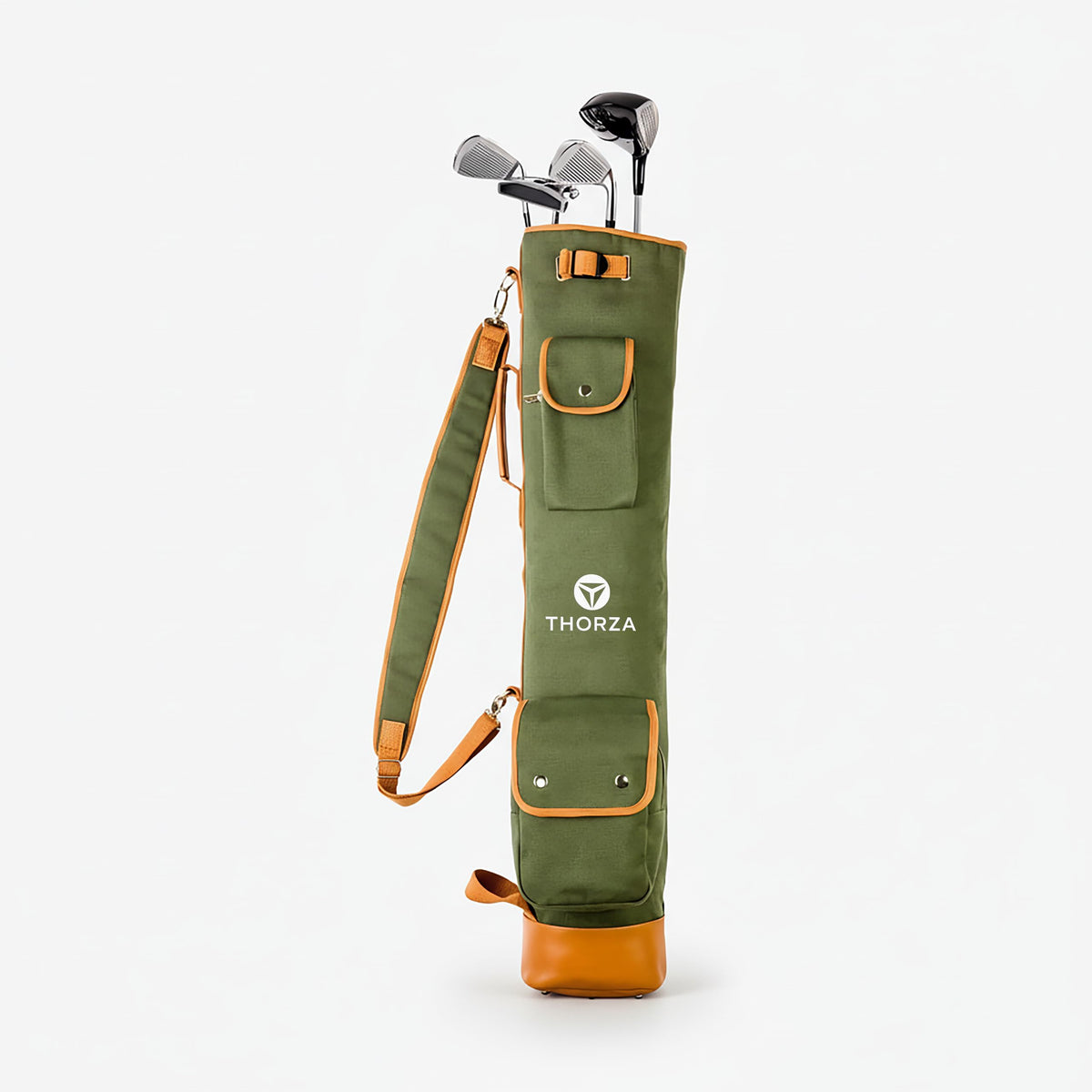 Thorza Sunday Golf Bag front view shows timeless canvas and leather design for easy club access