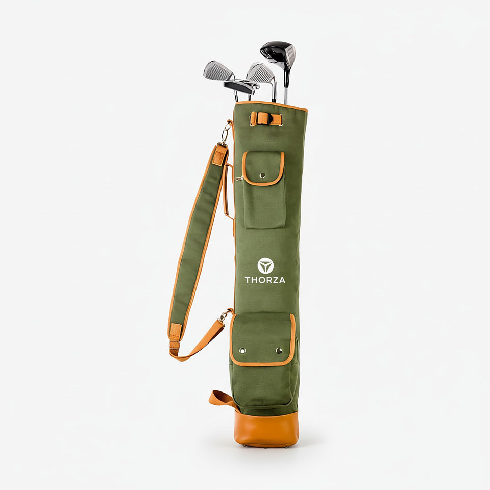 Thorza Sunday Golf Bag front view shows timeless canvas and leather design for easy club access