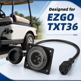 EZGO TXT36 shows 120V plug attachment enabling easy plug-and-charge setup.