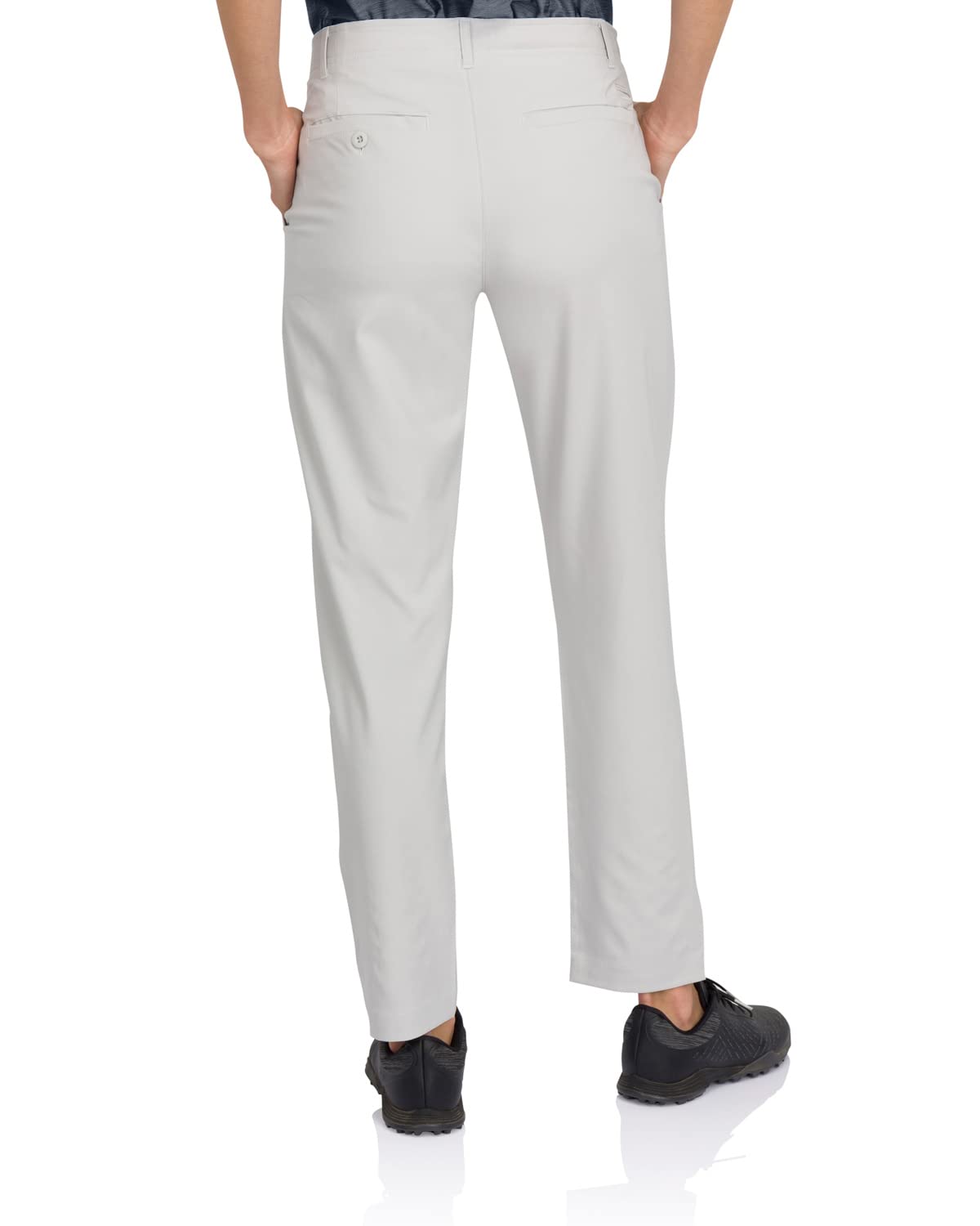Three Sixty Six pants with side split hem sitting over shoes for a clean look