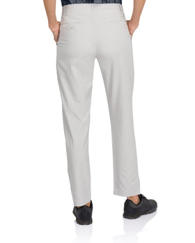 Three Sixty Six pants with side split hem sitting over shoes for a clean look