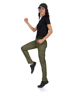 Three Sixty Six on-course look in olive green, showcasing versatile styling.