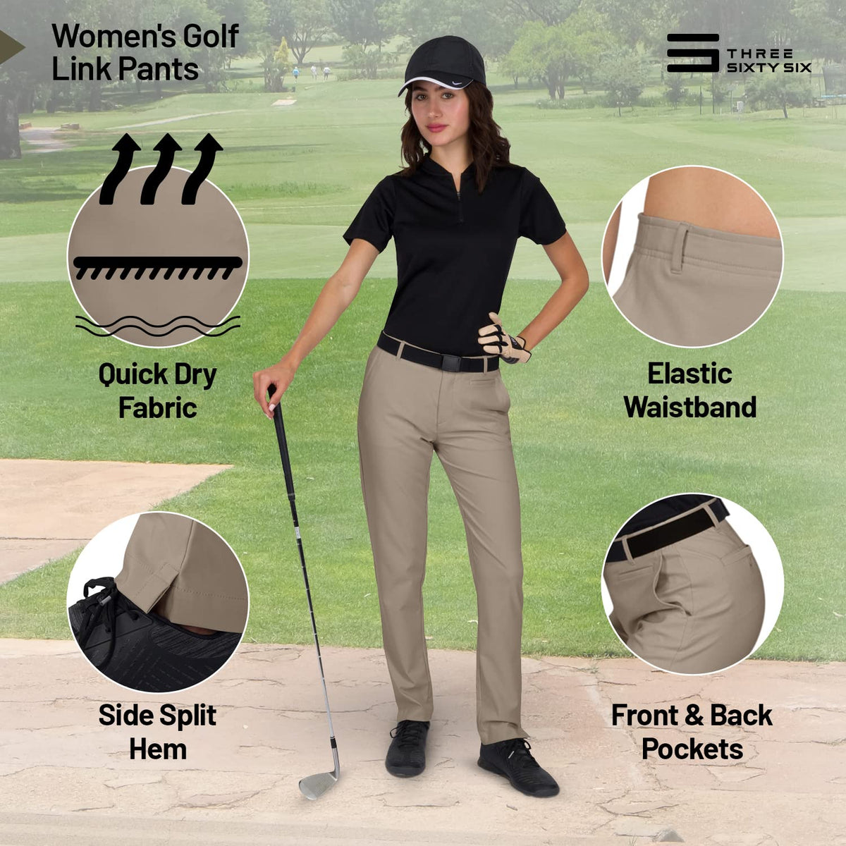 Three Sixty Six pants, side view, side split hem for over-shoe fit.