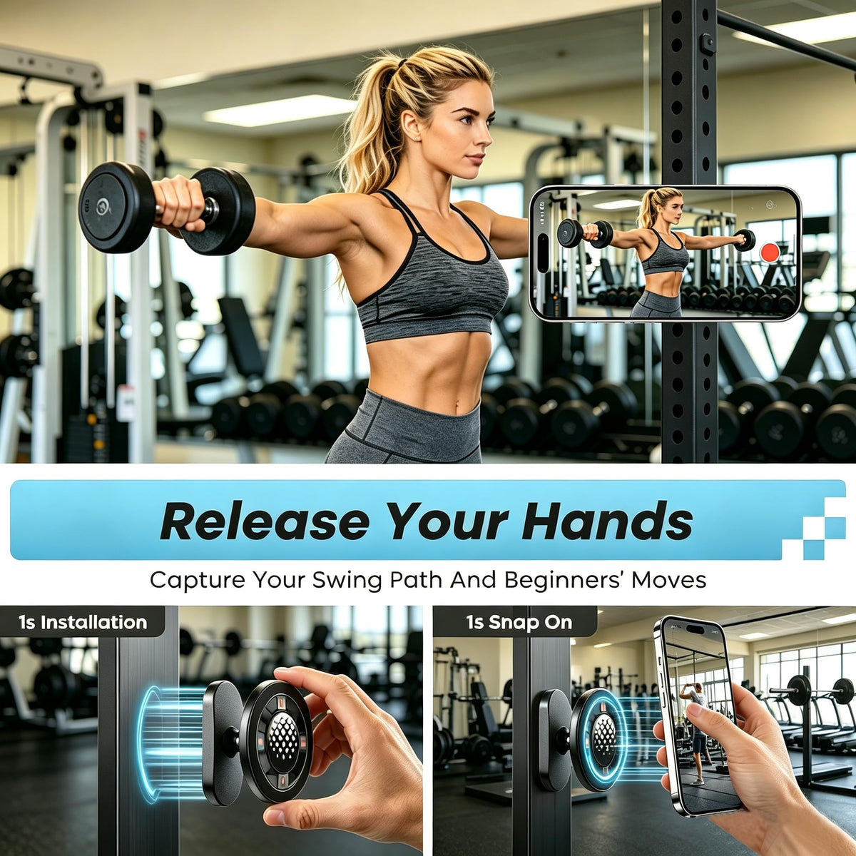 THVCASRPG squat rack mount secures magnets on metal frames for stable hands-free use.
