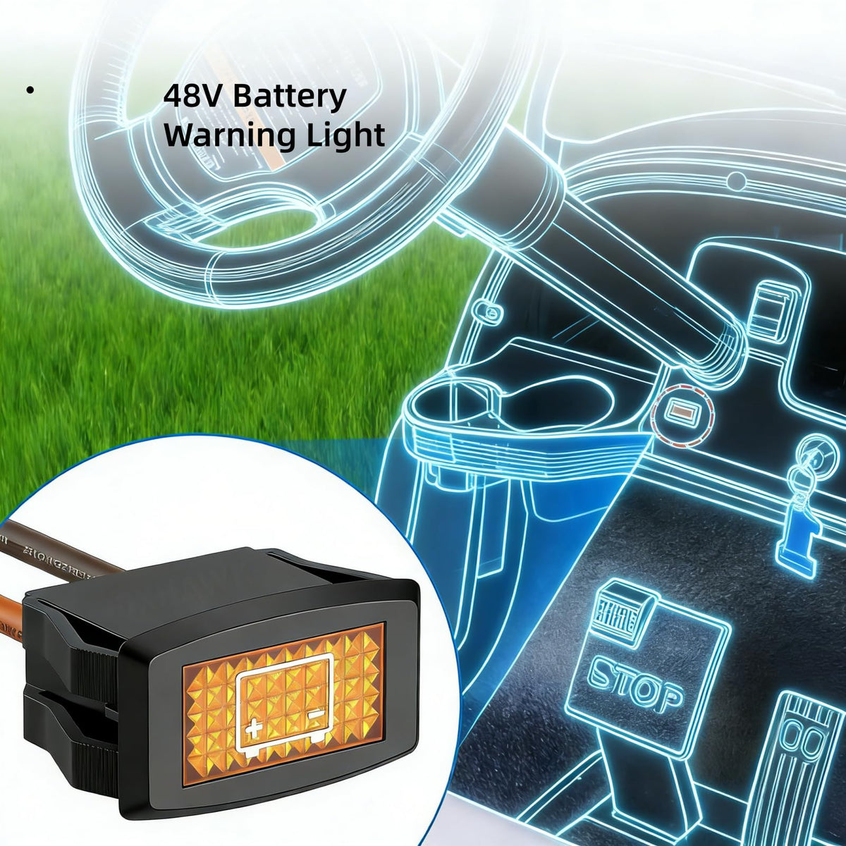 TIGYMSD 48V warning light close-up display emphasizes bright readability in sun.