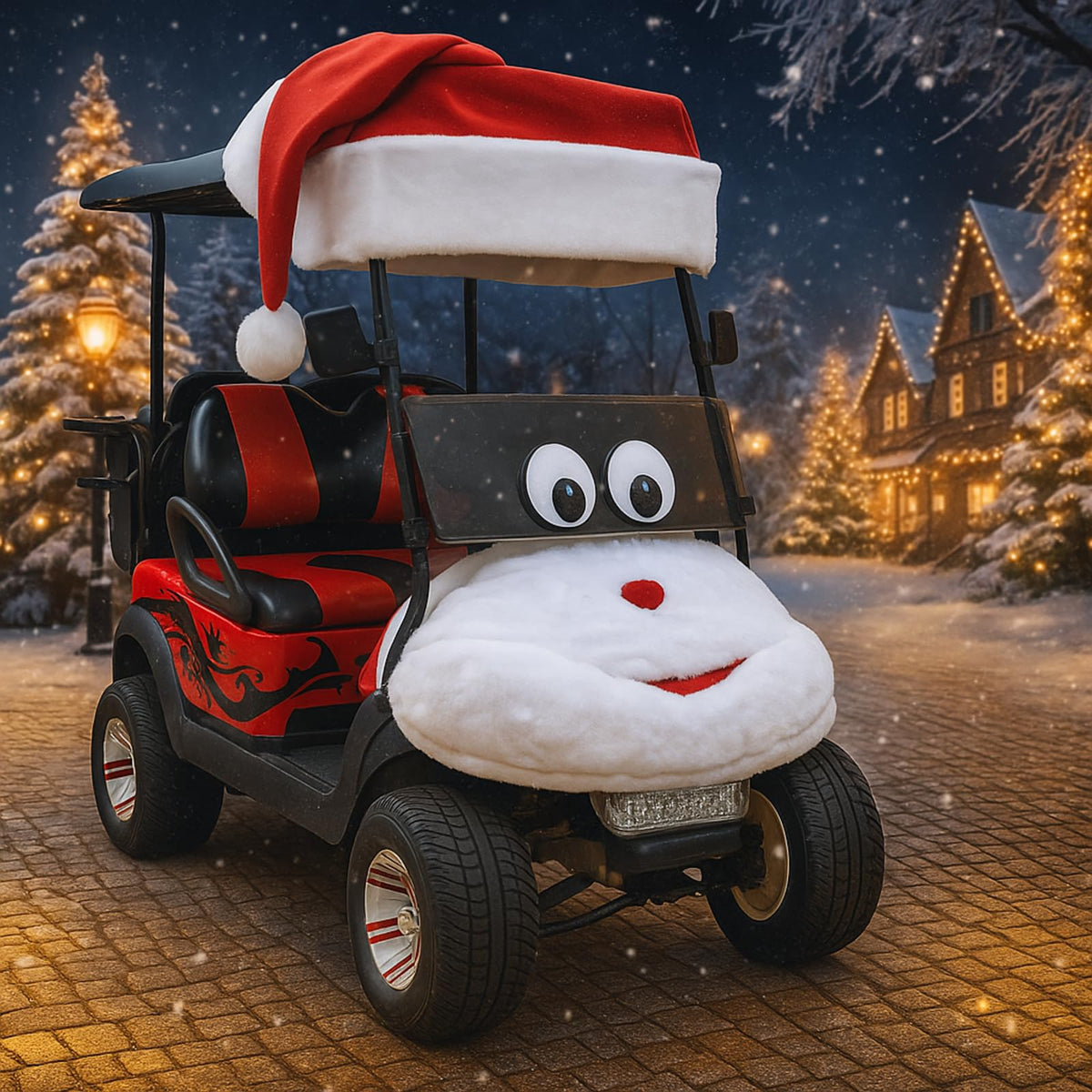 Timtin Santa hat cover enhances festive curb appeal on a golf cart