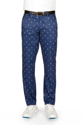 Tipsy Elves Grand Finale navy golf pants — front view showing secure waistband grip for a tucked shirt