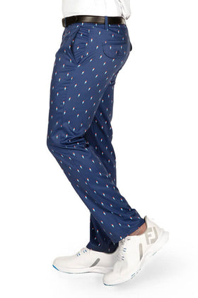 Tipsy Elves Grand Finale navy golf pants — fabric close-up shows ultra-soft breathable material