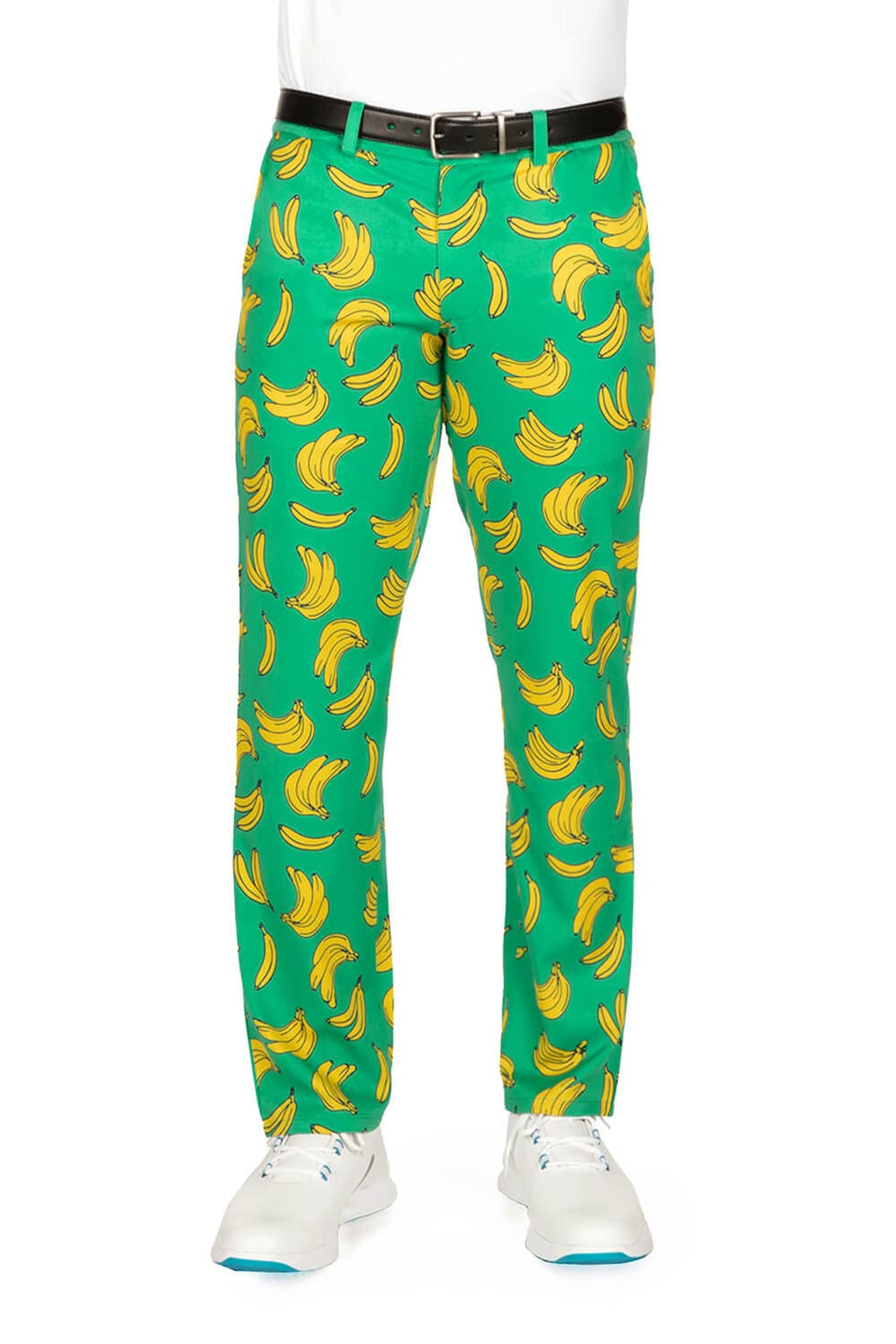 Tipsy Elves Green Bogey Banana golf pants front view with secure tuck waistband