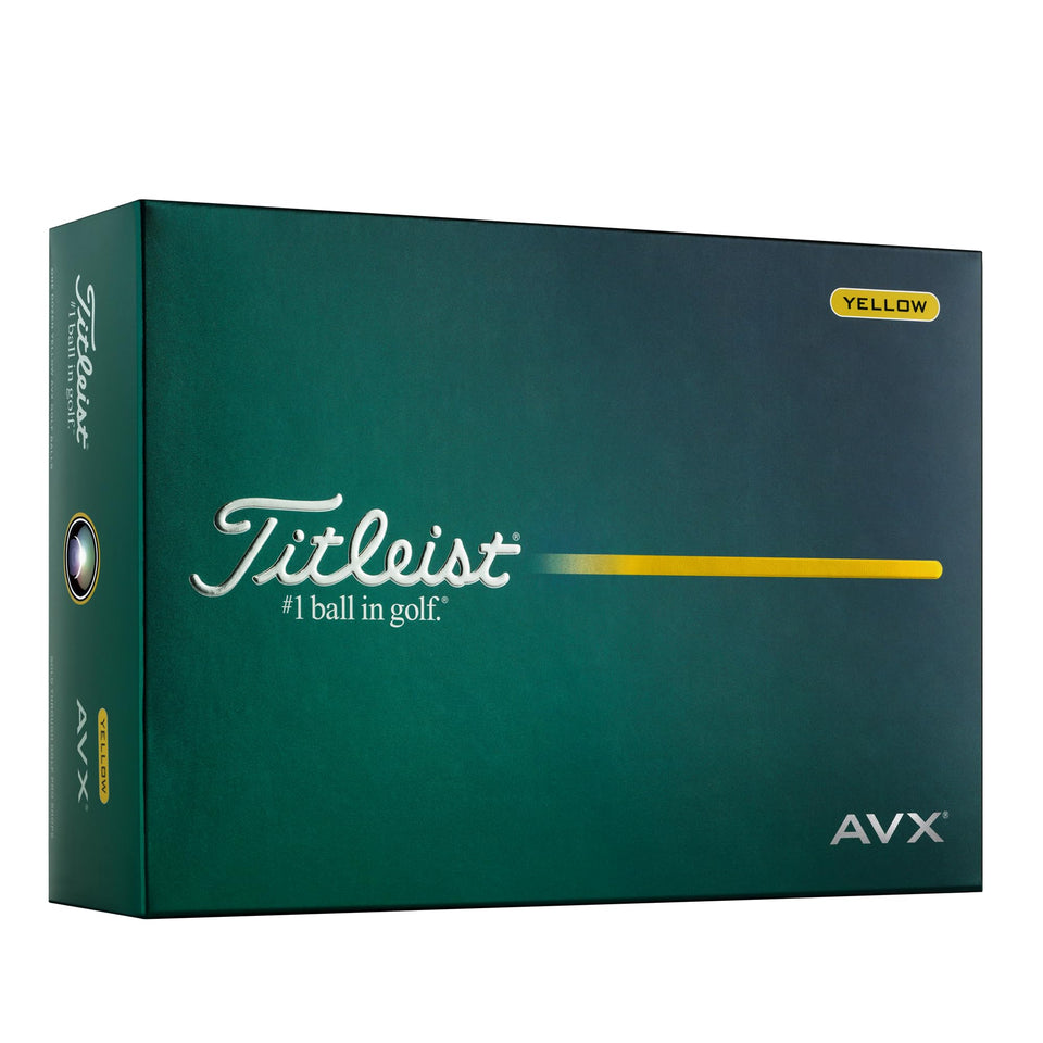 Titleist AVX Yellow golf balls pack highlighting low flight and longer distance potential.