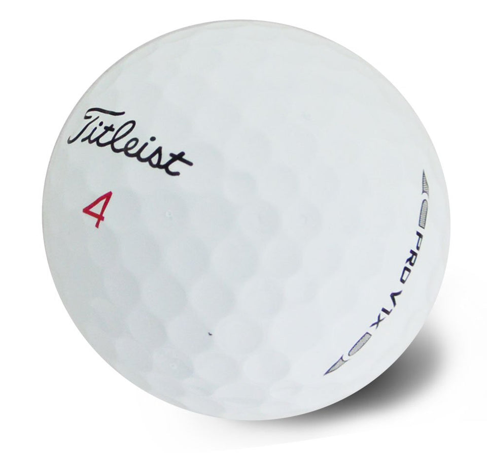 Titleist Pro V1 2016 recycled golf balls close-up logos indicating quality and branding.