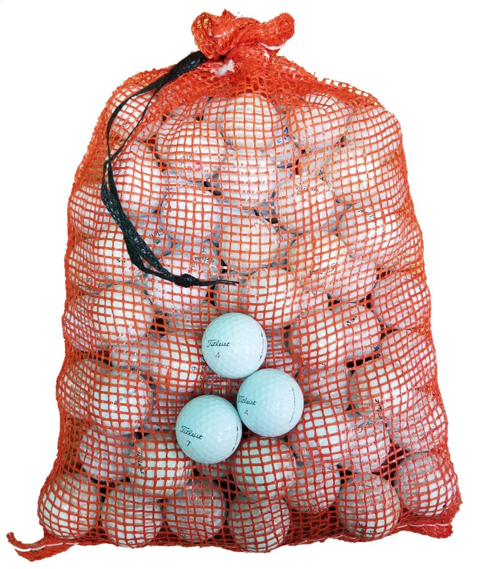 Titleist V1 and V1X BC golf balls in a mesh bag for practice and play.