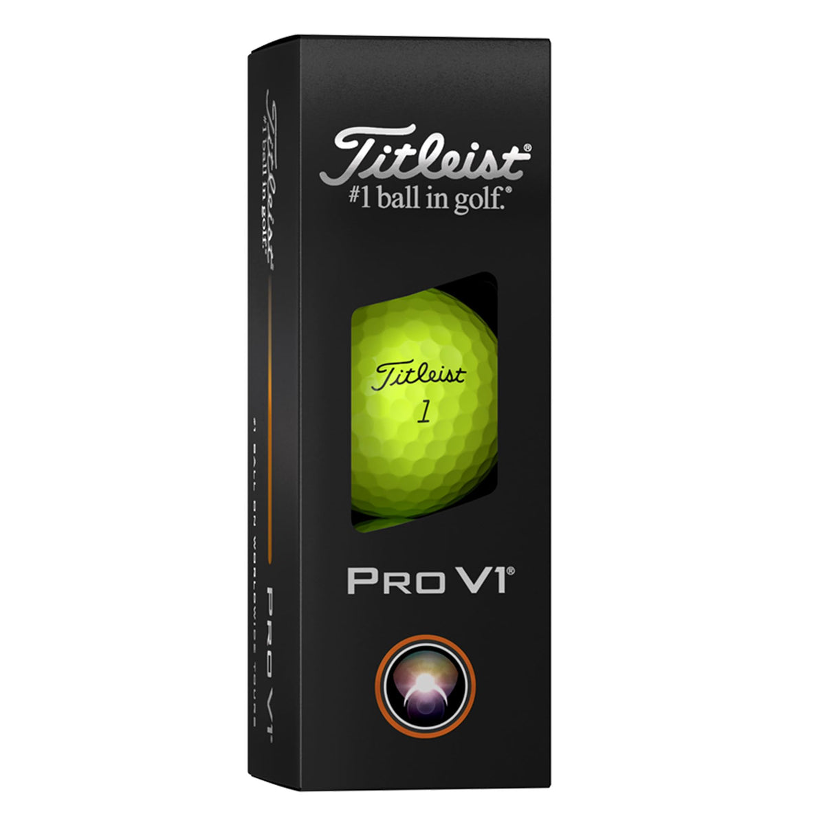 Titleist Pro V1 Yellow ball close-up showing soft urethane cover control.