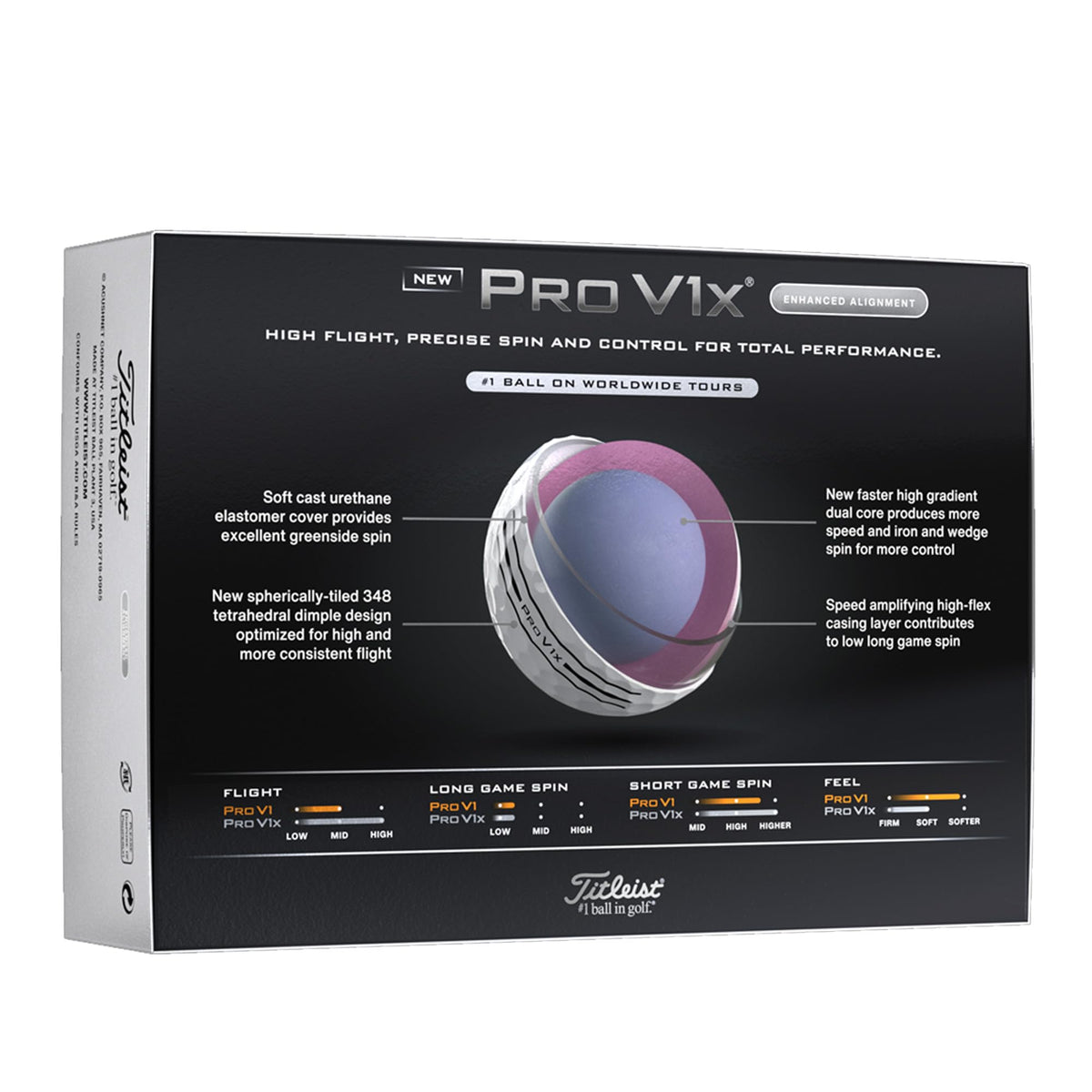 Titleist Pro V1x AIM Enhanced soft urethane cover enhances greenside spin and feel