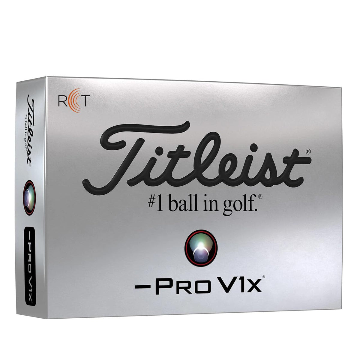 Titleist Pro V1x Left Dash RCT packaging highlighting radar compatibility and premium performance.