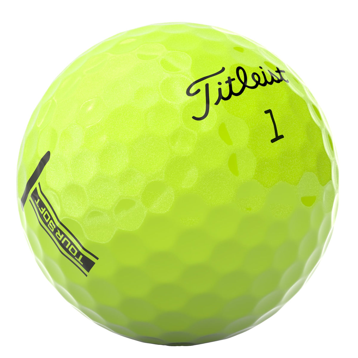 Titleist Tour Soft yellow ball dimple design for stable flight awareness.