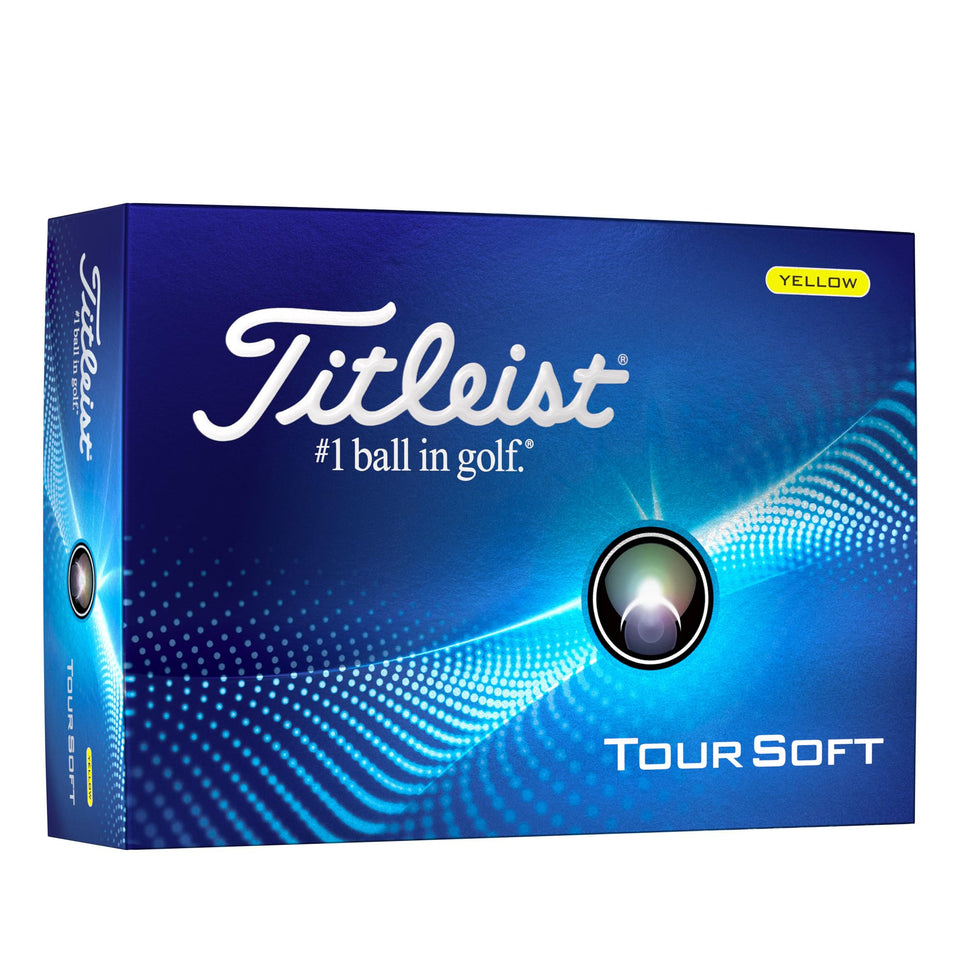 Titleist Tour Soft yellow ball front view with soft feel and distance potential.