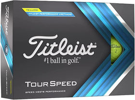 Titleist Tour Speed yellow golf balls pack shot highlighting distance and control