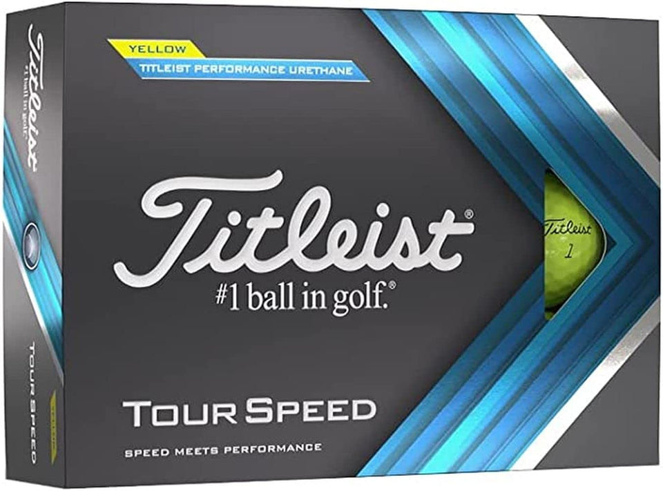Titleist Tour Speed yellow golf balls pack shot highlighting distance and control