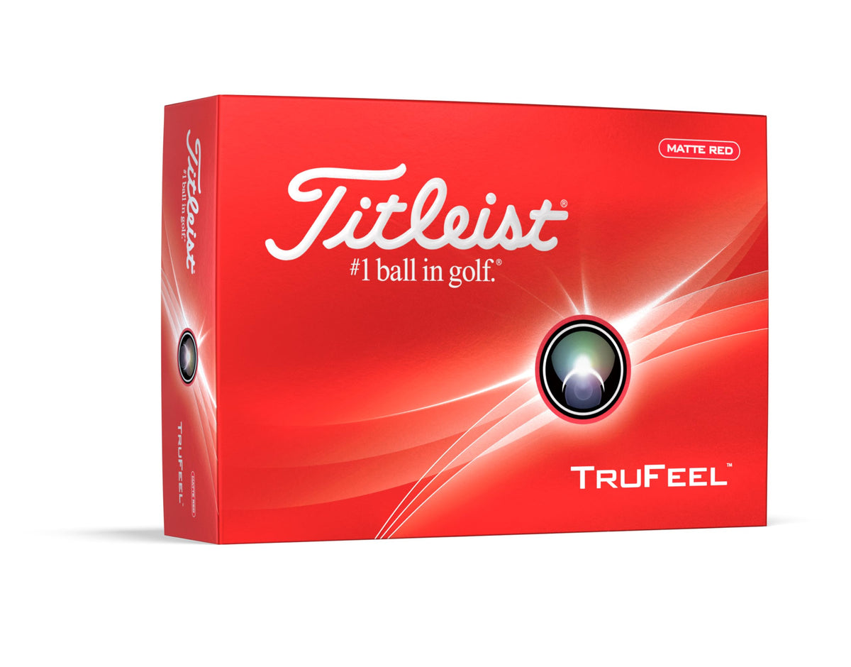 Titleist TruFeel packaging in matte red highlights premium quality and soft feel.