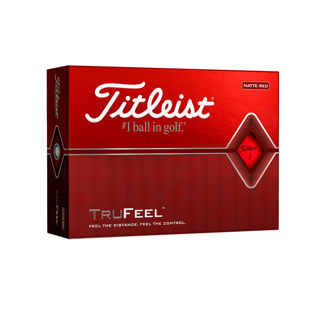 Titleist TruFeel matte red golf balls on green, demonstrating greenside control.