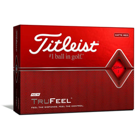 Titleist TruFeel matte red golf balls in pack, offering soft feel and distance.