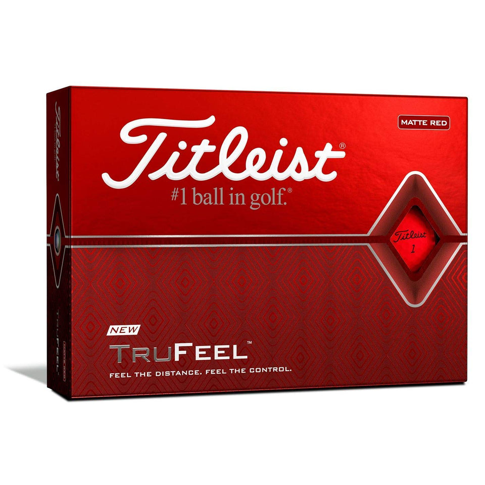 Titleist TruFeel matte red golf balls in pack, offering soft feel and distance.