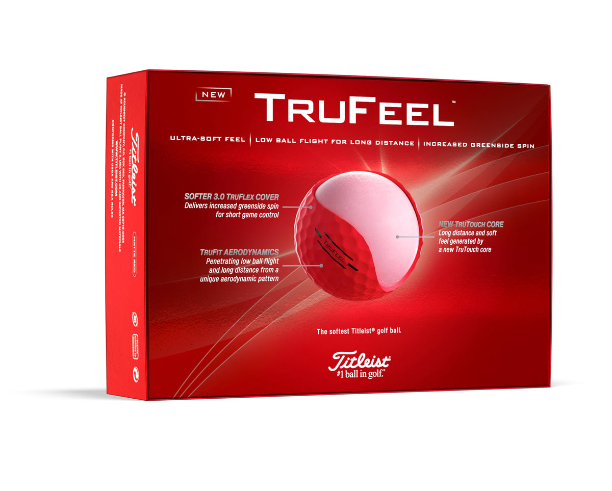 Titleist TruFeel matte red ball on a tee highlights style and soft feel.