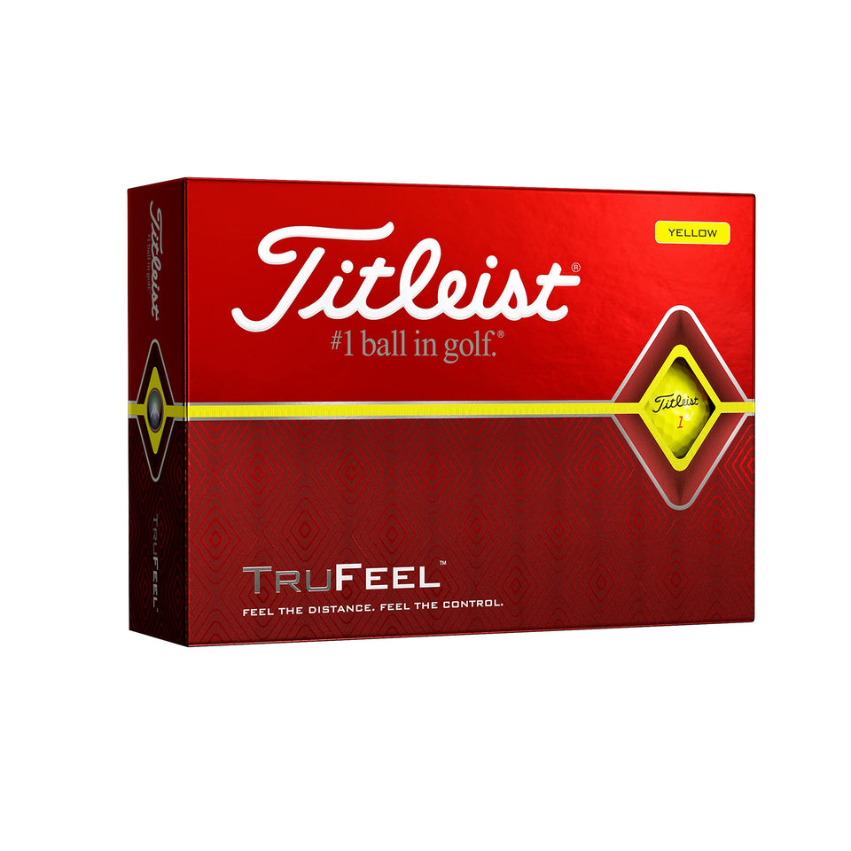 Titleist TruFeel yellow golf balls on a tee, soft feel and dependable distance.