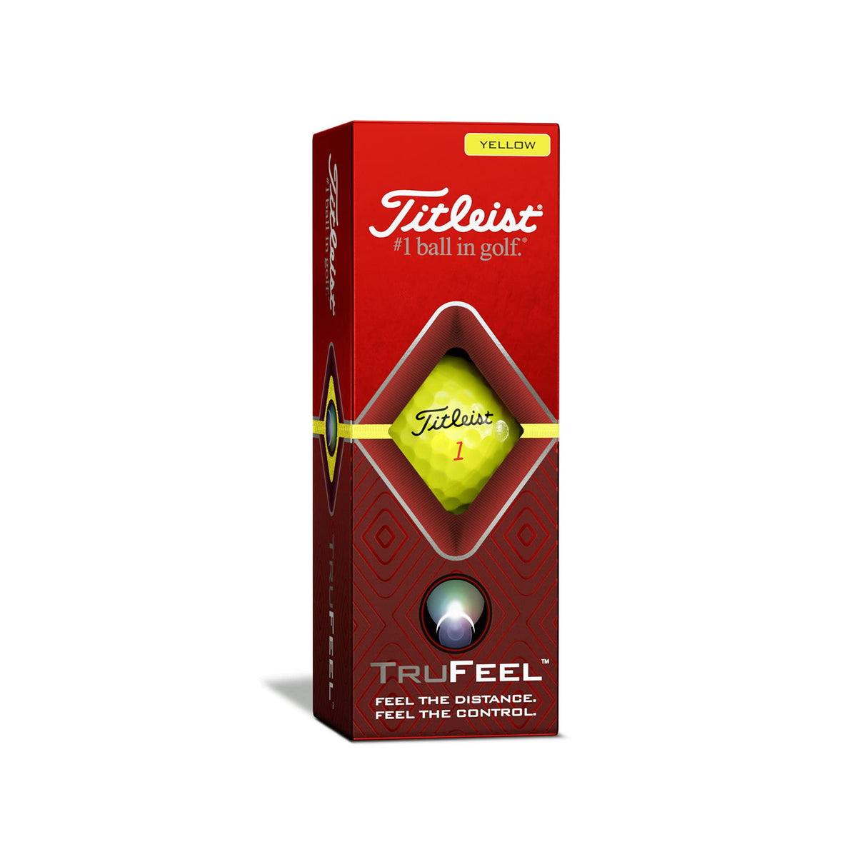 Titleist TruFeel yellow ball resting on the green showing precise control around the hole.