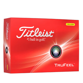 Titleist TruFeel yellow golf balls pack showing soft feel and distance.